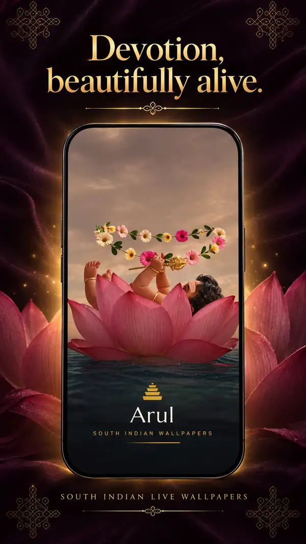 Arul promotional graphic for devotional live wallpapers, showing animated deity wallpapers on phone screens.