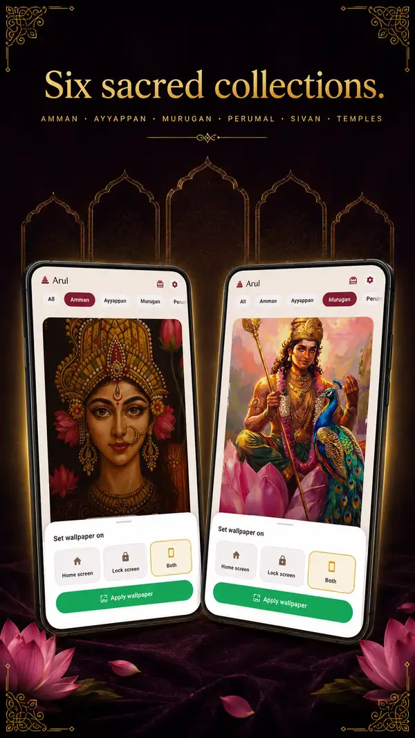 Arul promotional graphic: "Six sacred collections — Amman, Ayyappan, Murugan, Perumal, Sivan, Temples", showing two phones browsing devotional wallpapers with the apply-wallpaper sheet open.