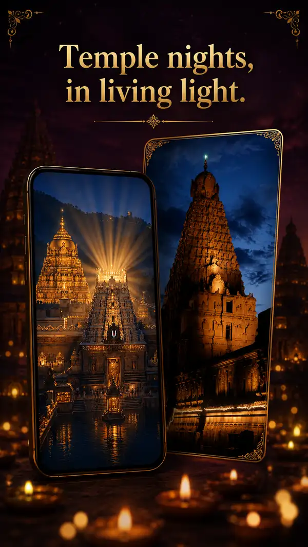 Arul promotional graphic for temple wallpapers, showing illuminated South Indian temple imagery on phone screens.