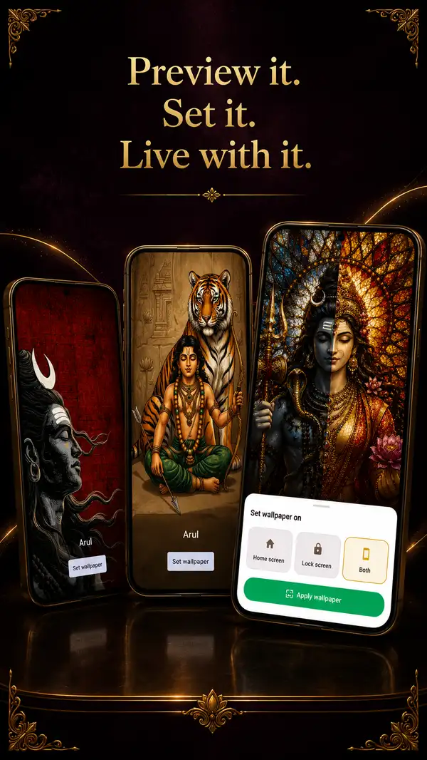 Arul promotional graphic for wallpaper preview and apply, showing the sheet that lets you choose home screen, lock screen or both.