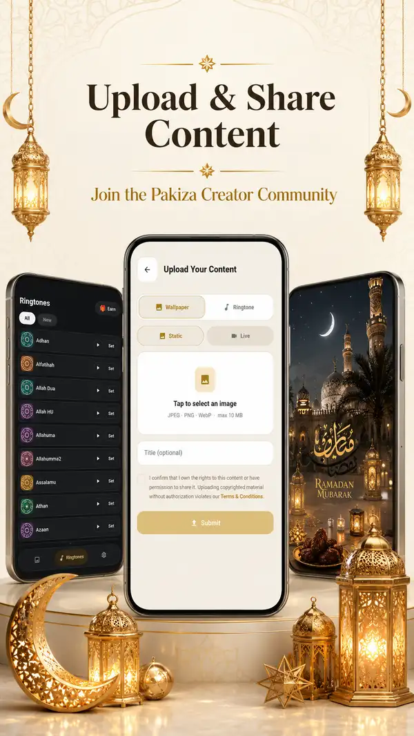 Pakiza promotional graphic for community content upload, showing the in-app wallpaper submission screen.