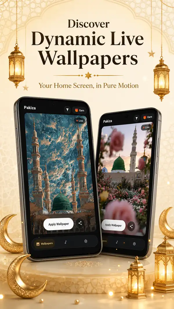 Pakiza promotional graphic for dynamic live wallpapers, showing phones playing moving video wallpapers.